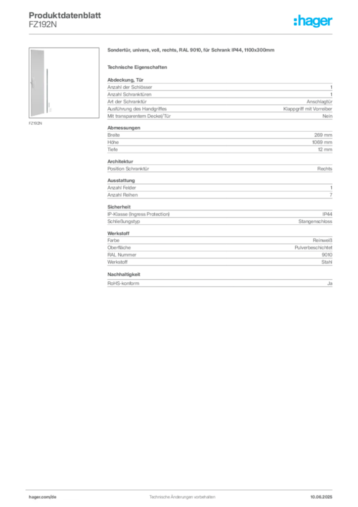 Hager Produktdatenblatt FZ192N