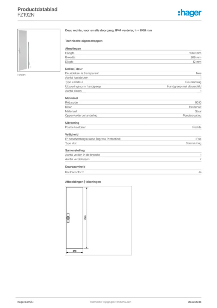 Afbeelding Hager Productdatablad FZ192N | Hager Nederland