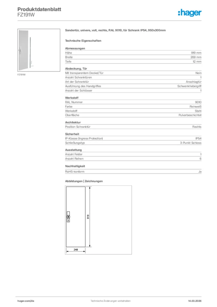 Bild Hager Produktdatenblatt FZ191W | Hager Deutschland