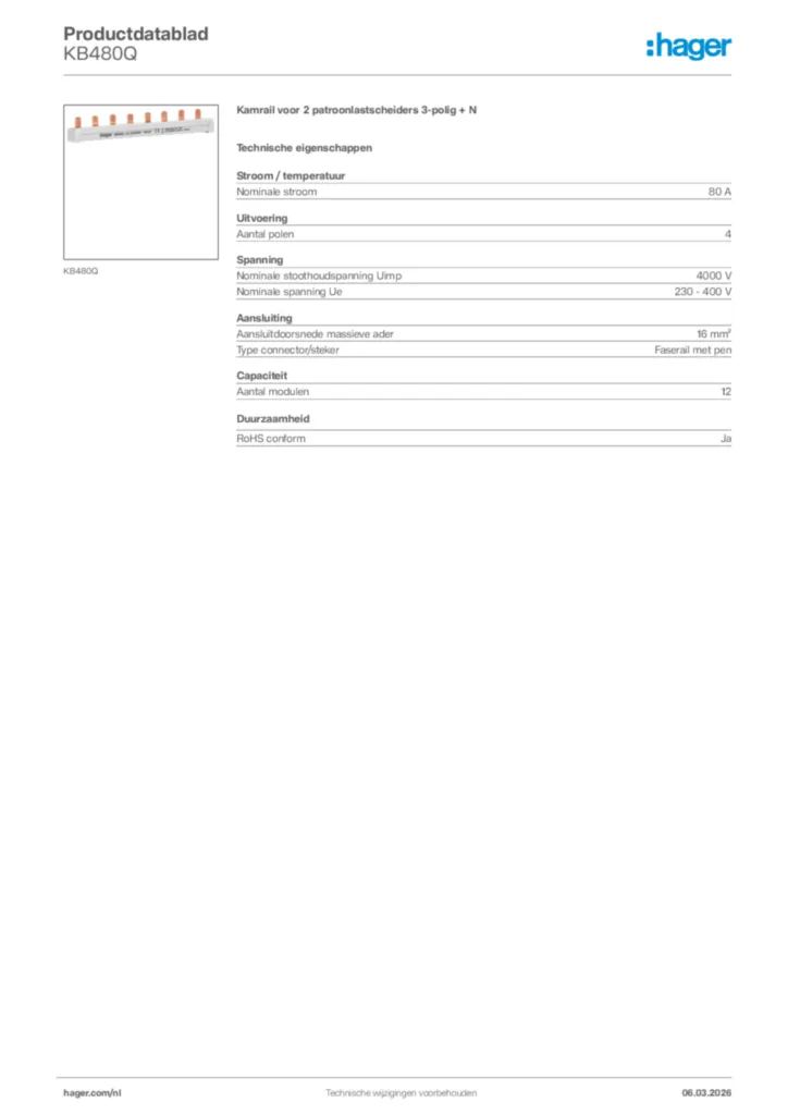 Afbeelding Hager Productdatablad KB480Q | Hager Nederland
