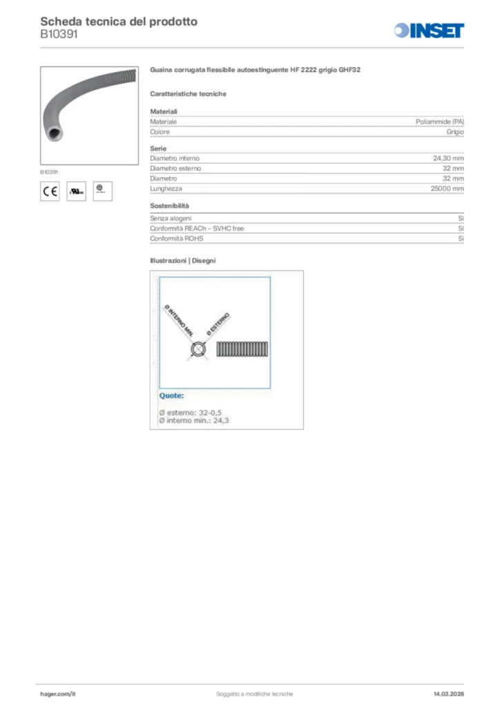 Immagine Inset Scheda tecnica del prodotto B10391 | Hager Italia