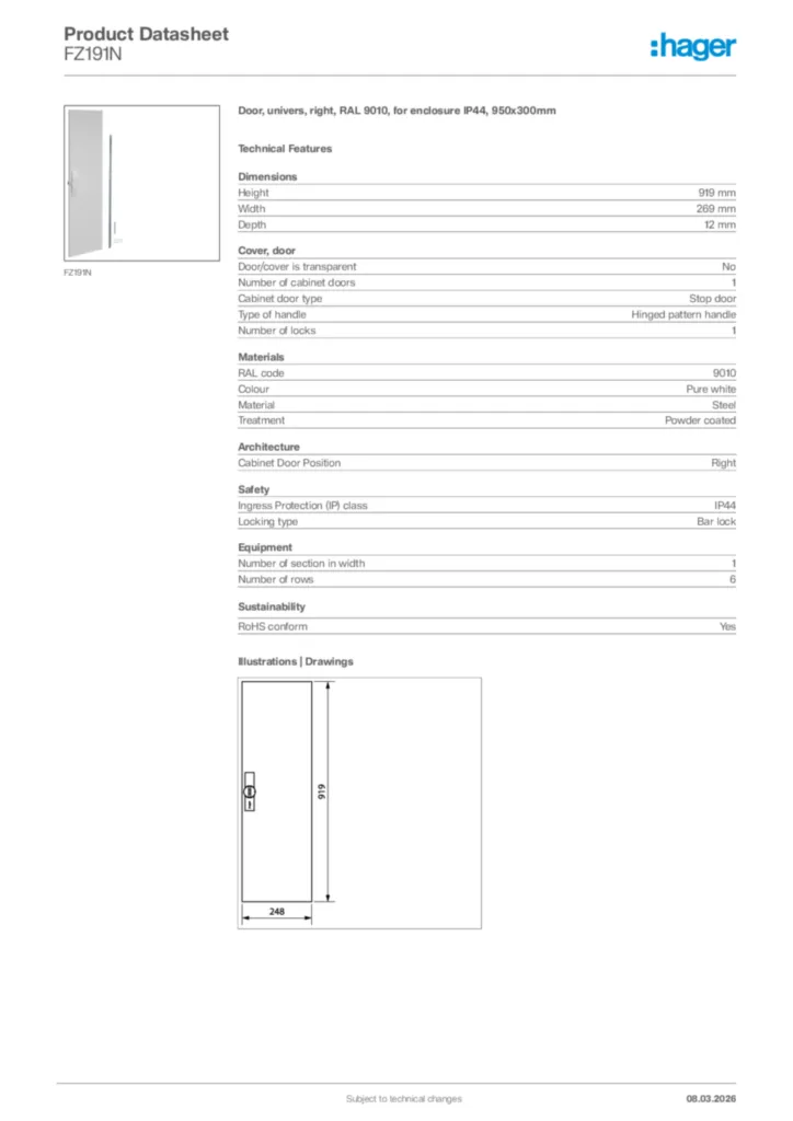 Image Hager Product data sheet FZ191N  | Hager Africa