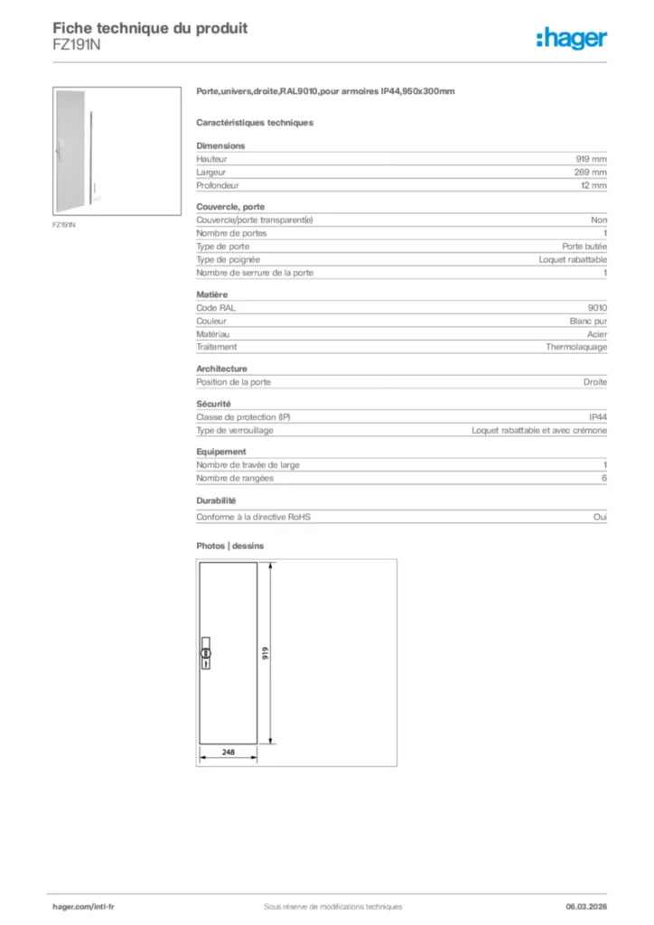Image Hager Fiche technique du produit FZ191N | Hager Afrique