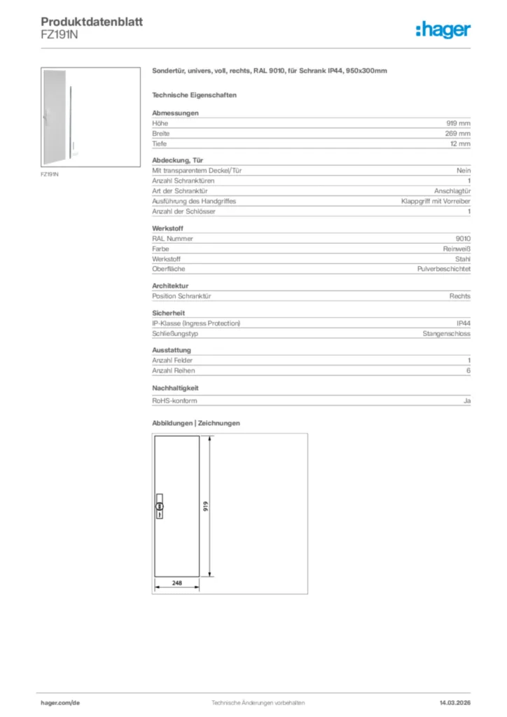 Bild Hager Produktdatenblatt FZ191N | Hager Deutschland
