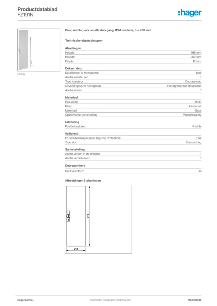 Afbeelding Hager Productdatablad FZ191N | Hager Nederland