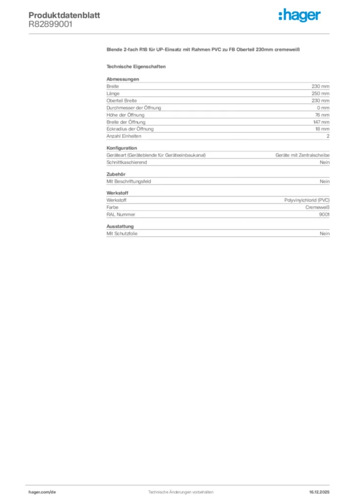 Bild Hager Produktdatenblatt R82899001 | Hager Deutschland