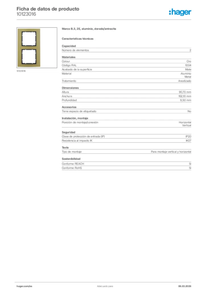 Imagen Hager Ficha de datos de producto 10123016 | Hager España