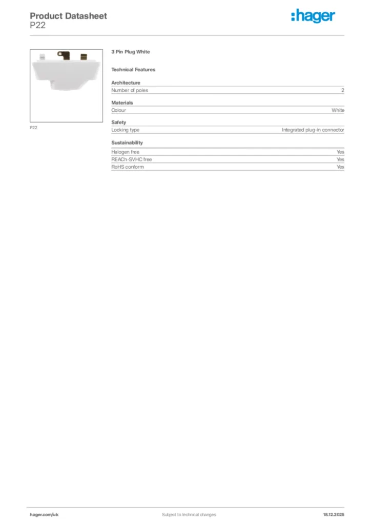 Image Hager Product data sheet P22  | Hager