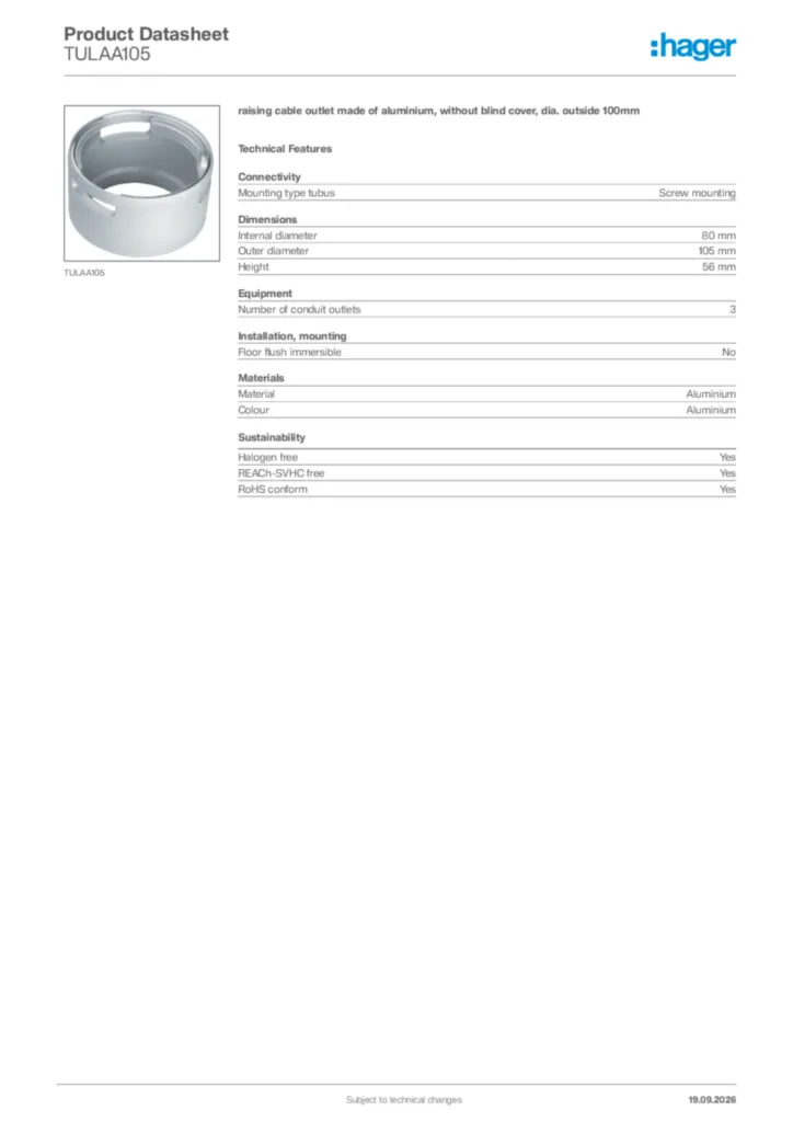 Image Hager Product data sheet TULAA105  | Hager Africa