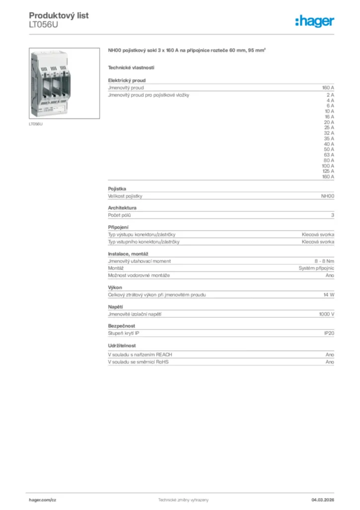 Obrázek Hager Product data sheet LT056U | Hager