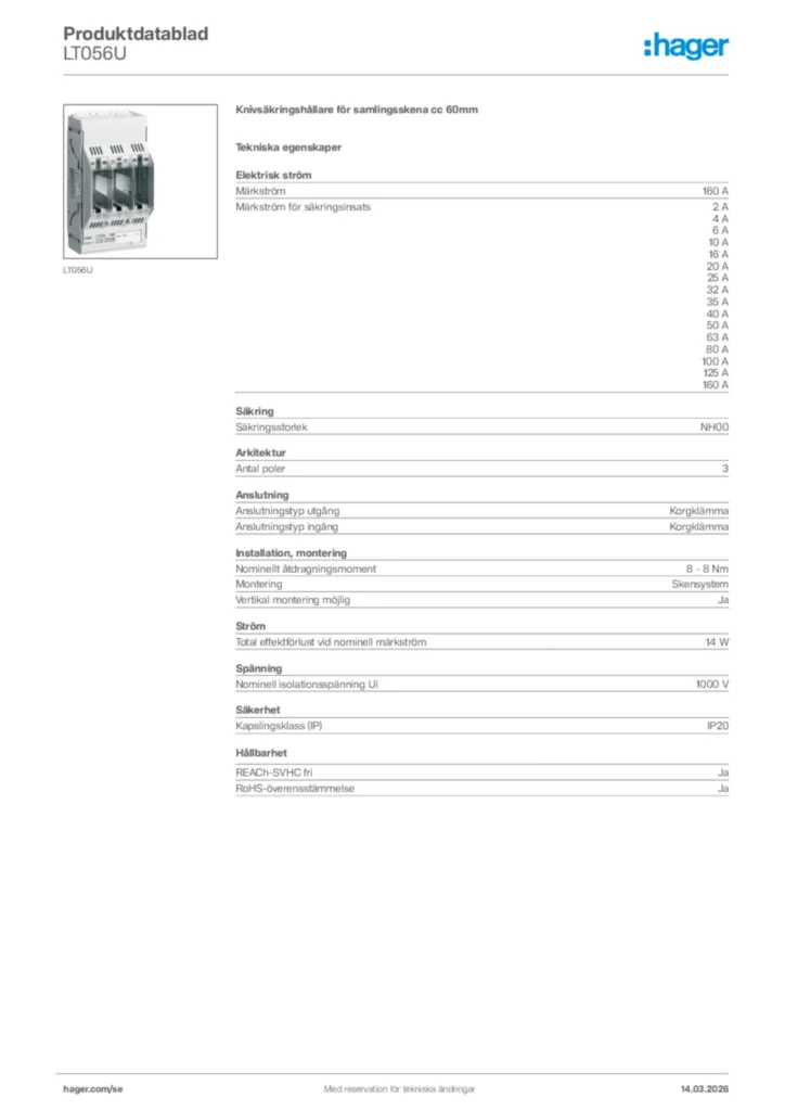 Bild Hager Produktdatablad LT056U | Hager Sverige