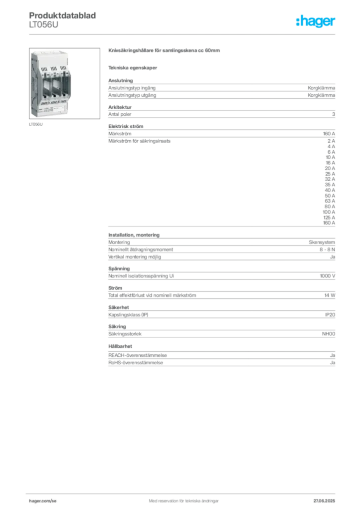Bild Hager Produktdatablad LT056U | Hager Sverige