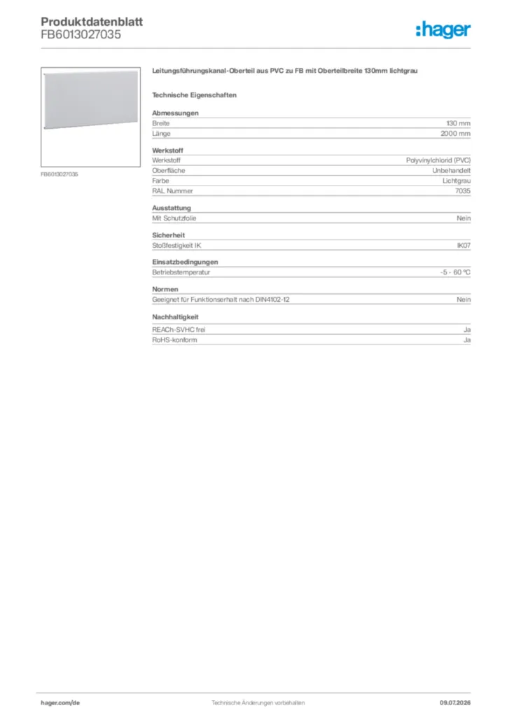 Bild Hager Produktdatenblatt FB6013027035 | Hager Deutschland