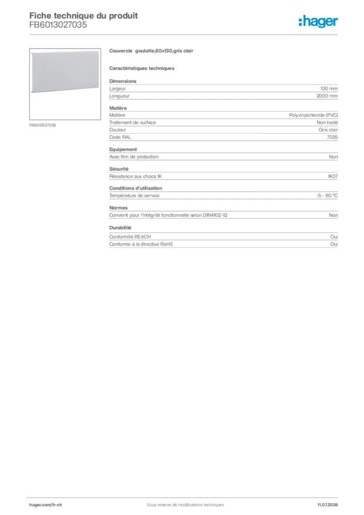 Image Hager Fiche technique du produit FB6013027035 | Hager Suisse