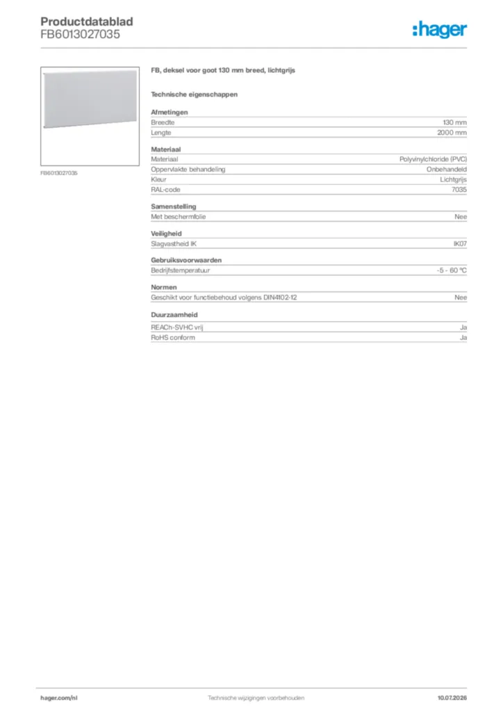 Afbeelding Hager Productdatablad FB6013027035 | Hager Nederland