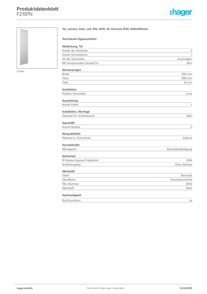 Bild Hager Produktdatenblatt FZ197N | Hager Deutschland