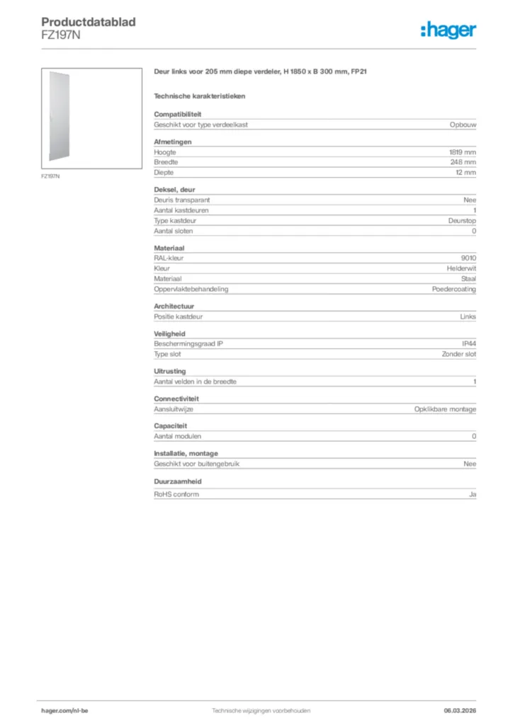 Afbeelding Hager Productdatablad FZ197N | Hager Belgium