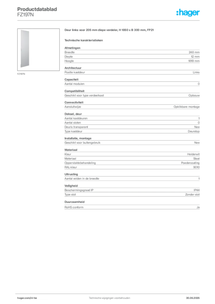 Afbeelding Hager Productdatablad FZ197N | Hager Belgium