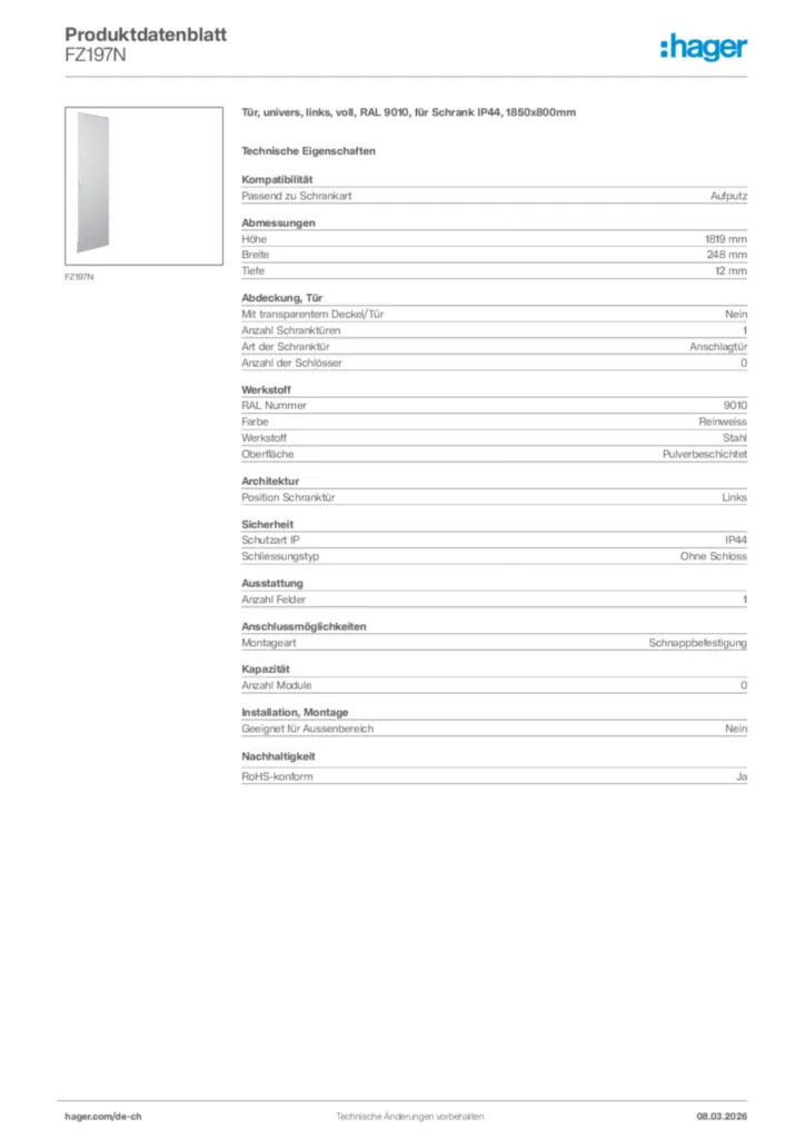 Bild Hager Produktdatenblatt FZ197N | Hager Schweiz