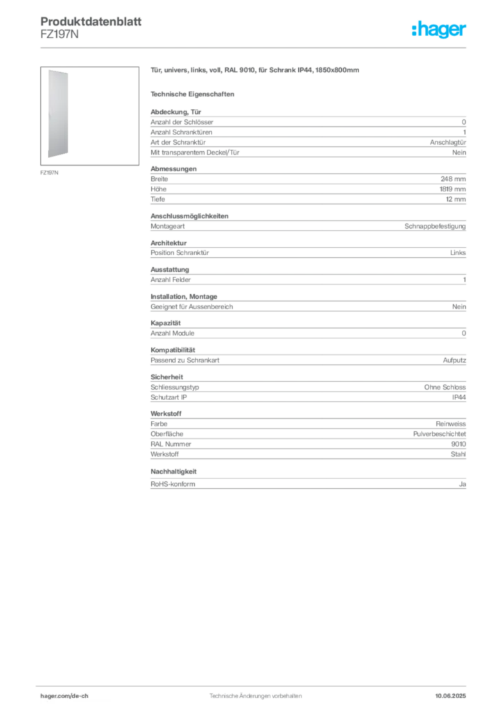 Bild Hager Produktdatenblatt FZ197N | Hager Schweiz