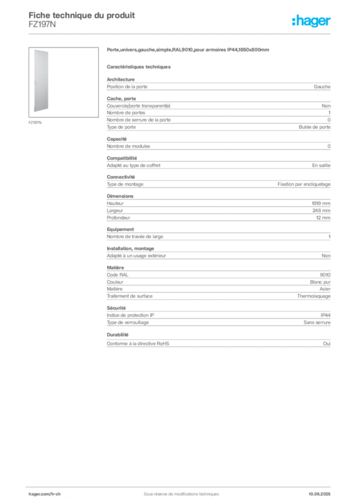 Image Hager Fiche technique du produit FZ197N | Hager Suisse