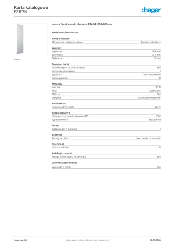 Zdjęcie Hager Karta katalogowa FZ197N | Hager Polska