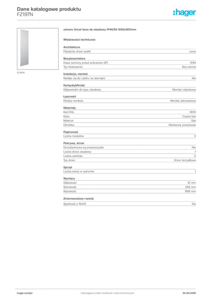 Zdjęcie Hager Karta katalogowa FZ197N | Hager Polska