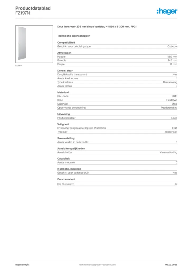 Afbeelding Hager Productdatablad FZ197N | Hager Nederland