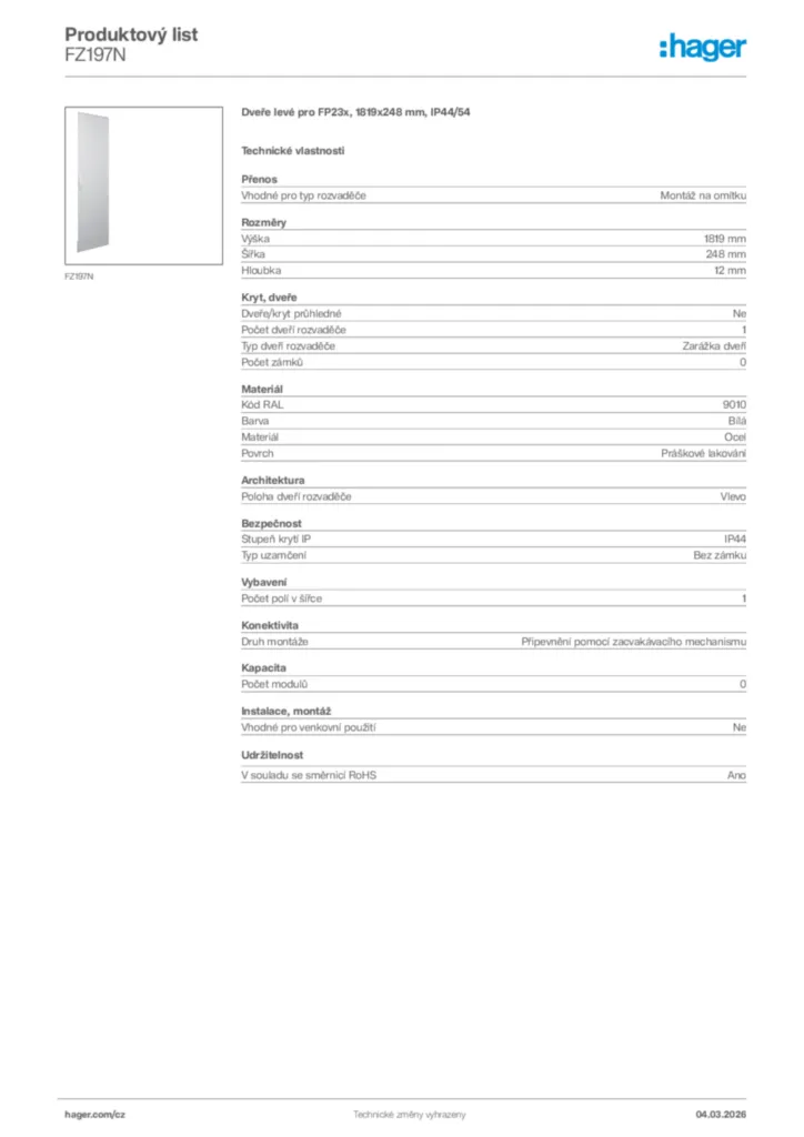 Obrázek Hager Product data sheet FZ197N | Hager