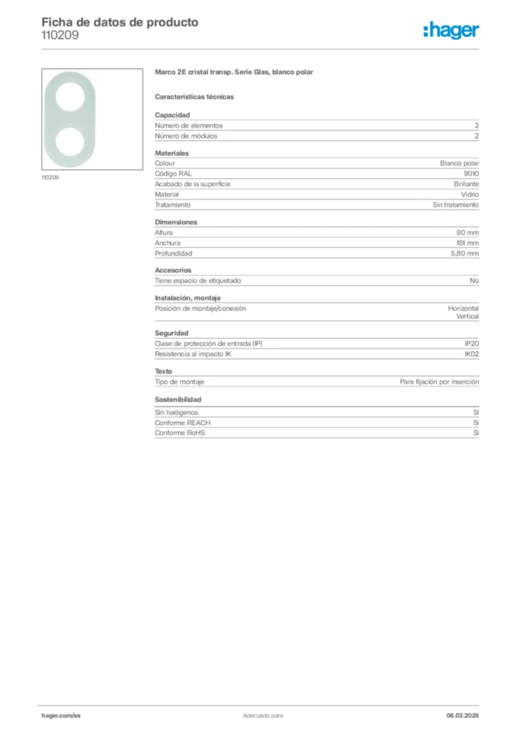 Imagen Hager Ficha de datos de producto 110209 | Hager España