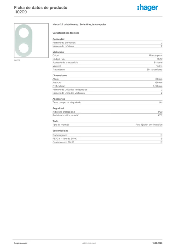 Imagen Hager Ficha de datos de producto 110209 | Hager España