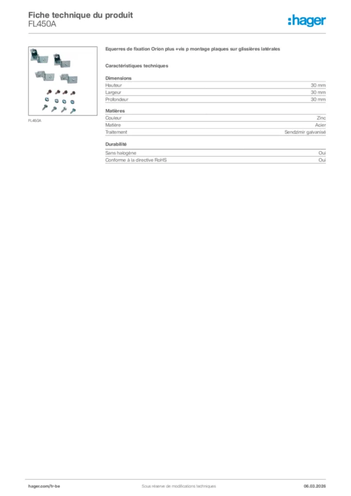 Image Hager Fiche technique du produit FL450A | Hager Belgique