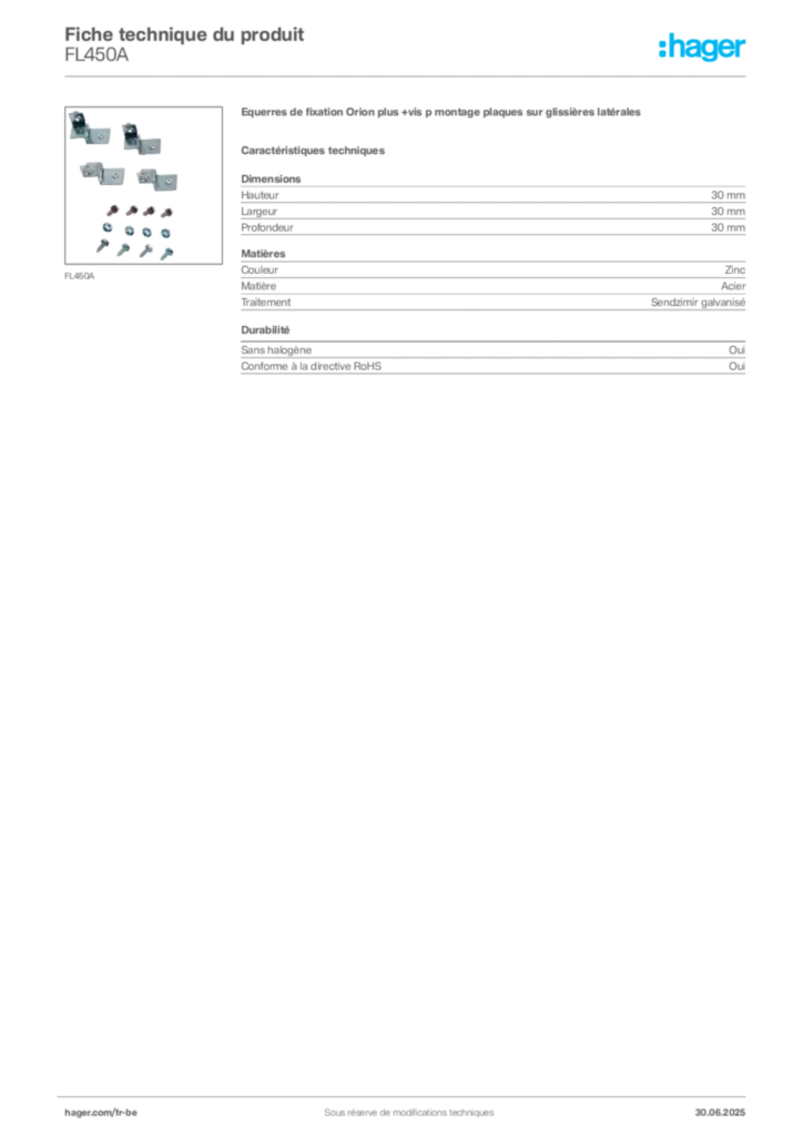 Image Hager Fiche technique du produit FL450A | Hager Belgique