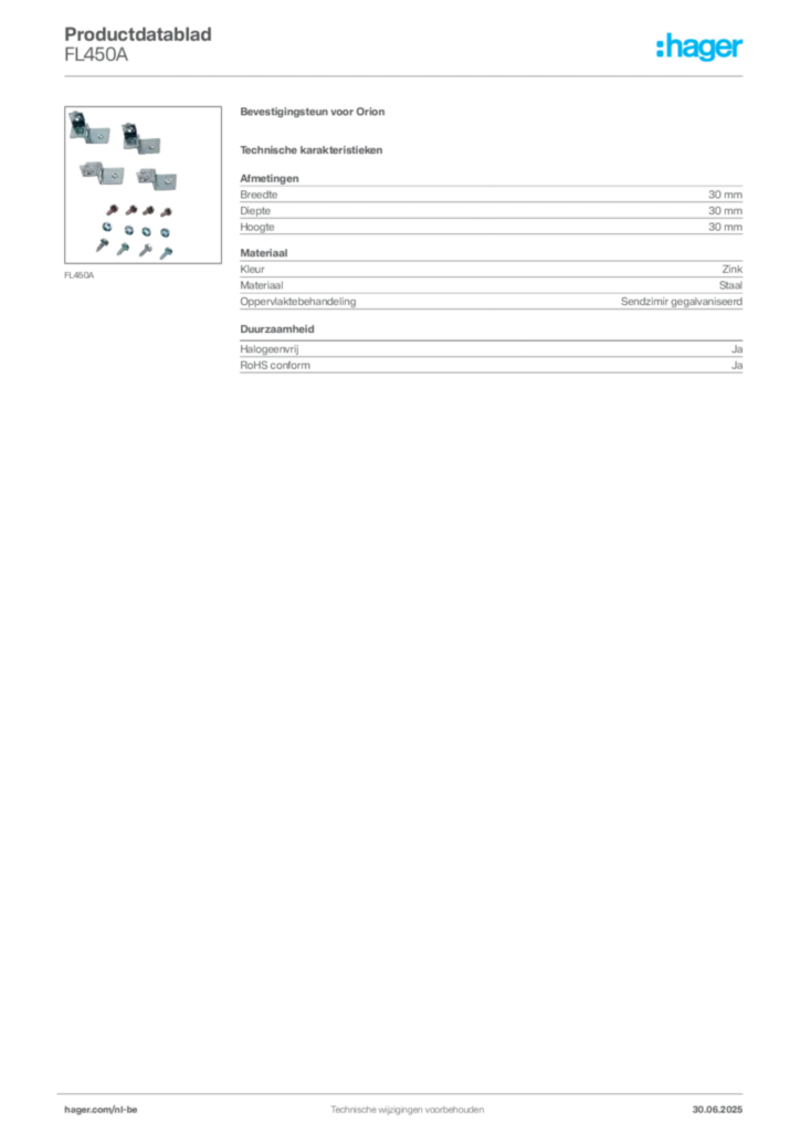 Afbeelding Hager Productdatablad FL450A | Hager Belgium
