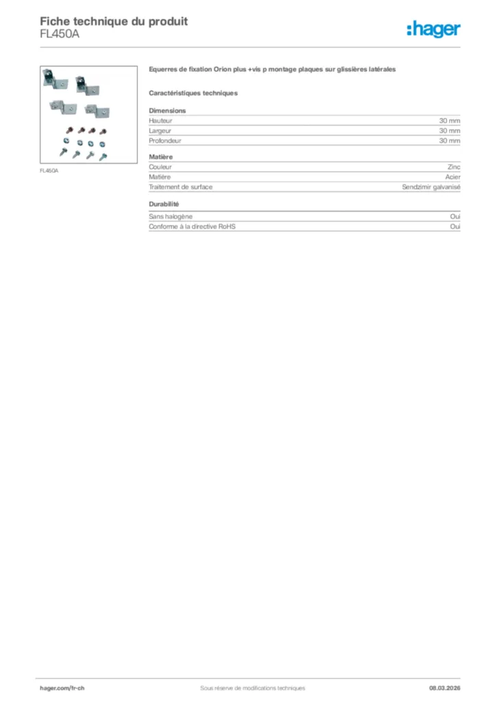 Image Hager Fiche technique du produit FL450A | Hager Suisse