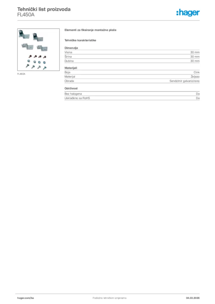 Slika Hager Tehnički list proizvoda FL450A  | Hager