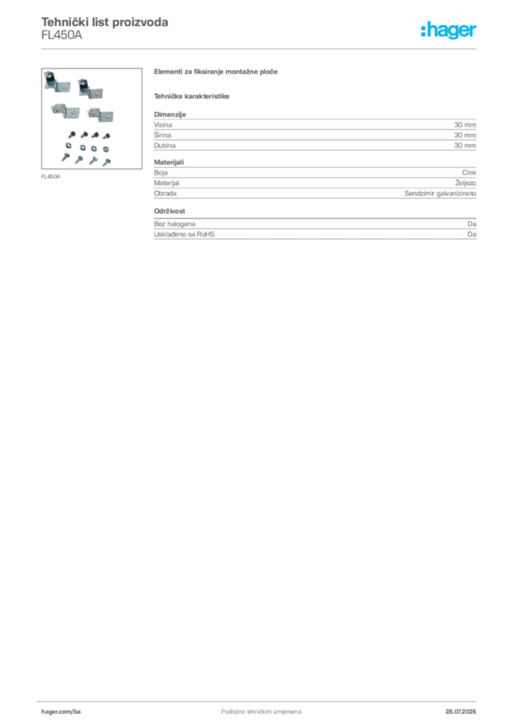 Slika Hager Product data sheet FL450A  | Hager