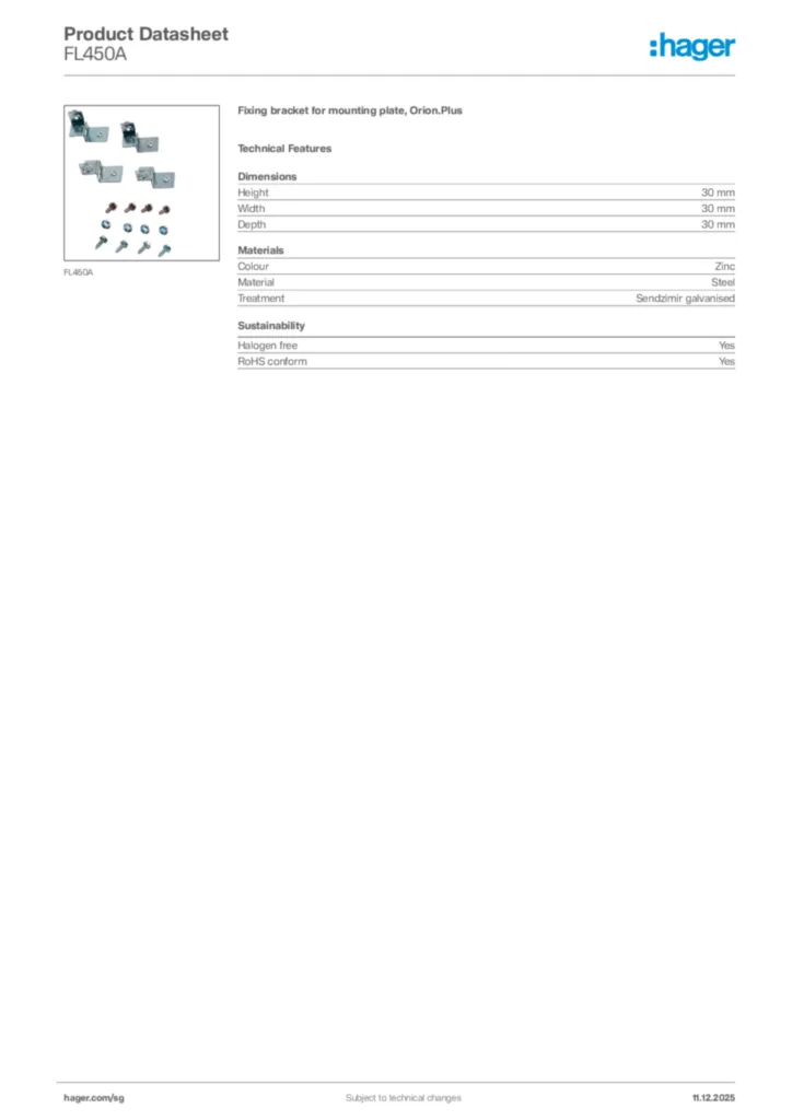 Image Hager Product data sheet FL450A  | Hager
