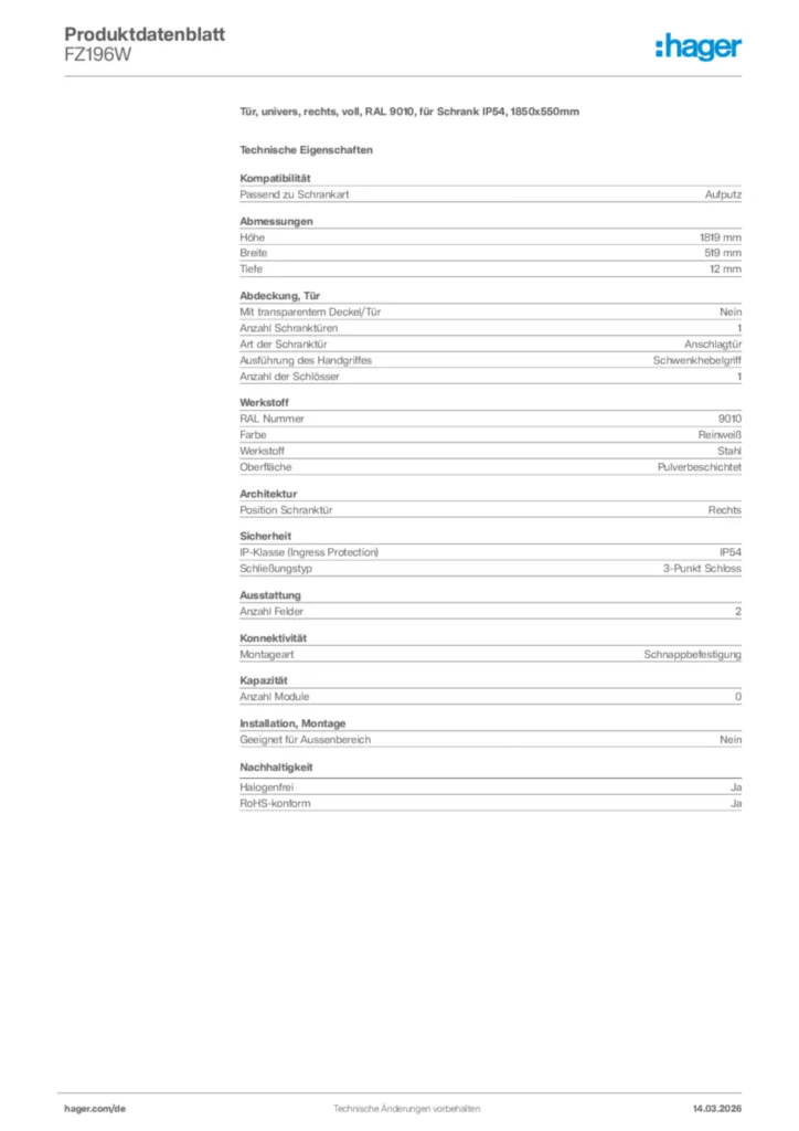 Bild Hager Produktdatenblatt FZ196W | Hager Deutschland