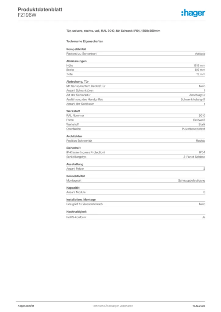 Bild Hager Produktdatenblatt FZ196W | Hager Deutschland