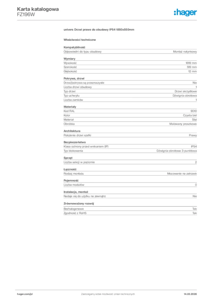 Zdjęcie Hager Karta katalogowa FZ196W | Hager Polska
