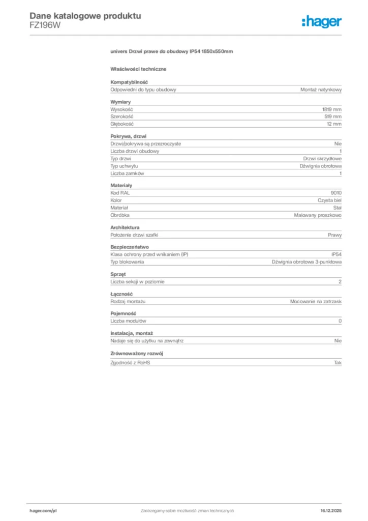 Zdjęcie Hager Karta katalogowa FZ196W | Hager Polska
