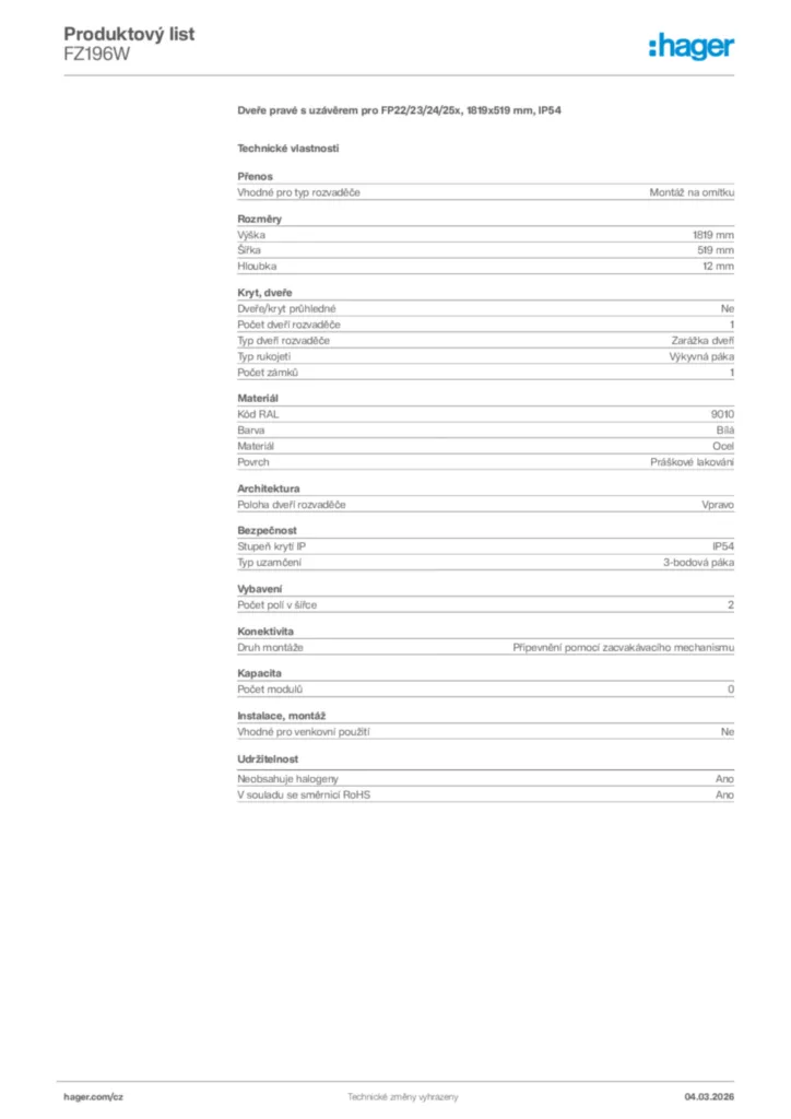 Obrázek Hager Product data sheet FZ196W | Hager