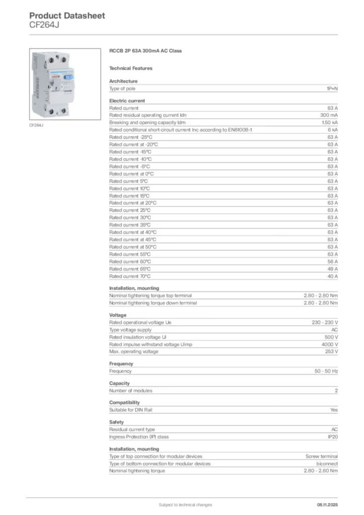 Image Hager Product data sheet CF264J  | Hager Africa