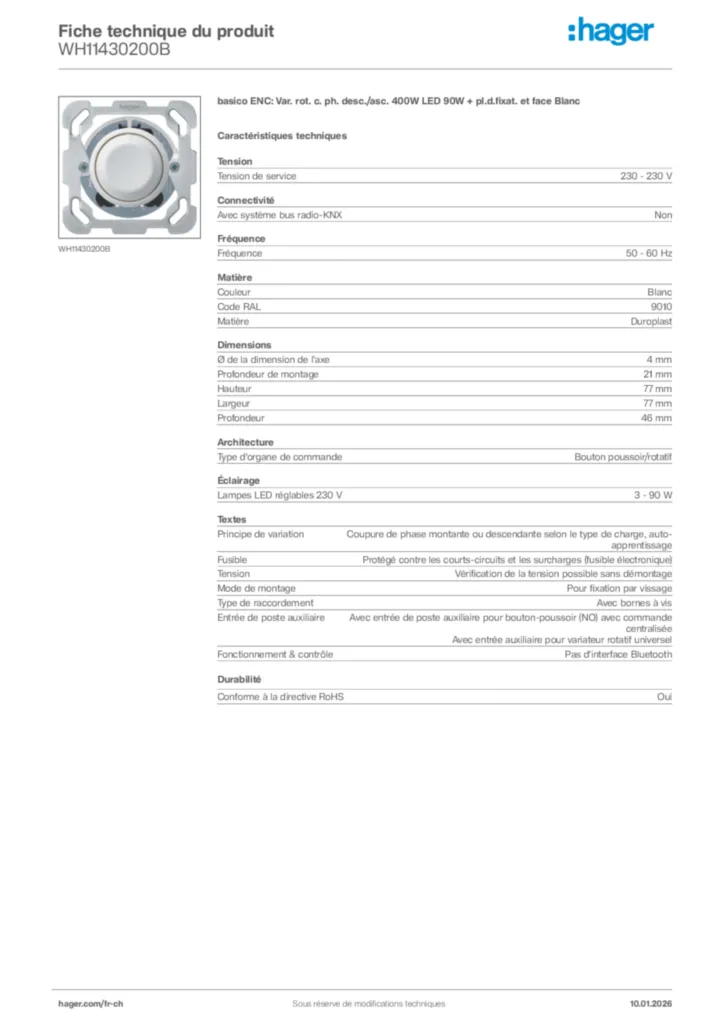 Image Hager Fiche technique du produit WH11430200B | Hager Suisse