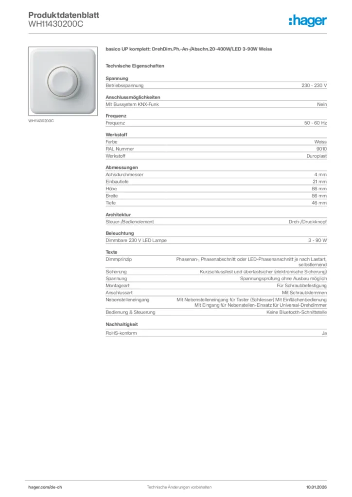 Bild Hager Produktdatenblatt WH11430200C | Hager Schweiz