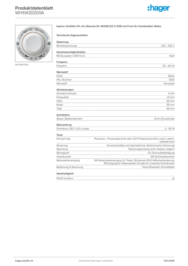 Bild Hager Produktdatenblatt WH11430200A | Hager Schweiz