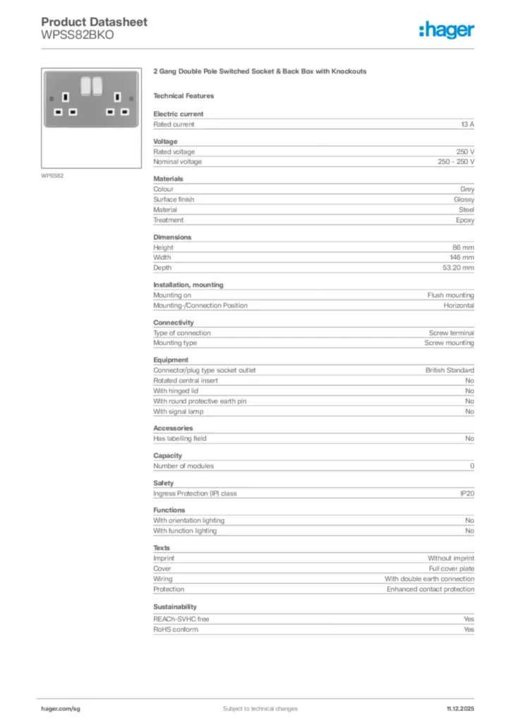 Image Hager Product data sheet WPSS82BKO  | Hager