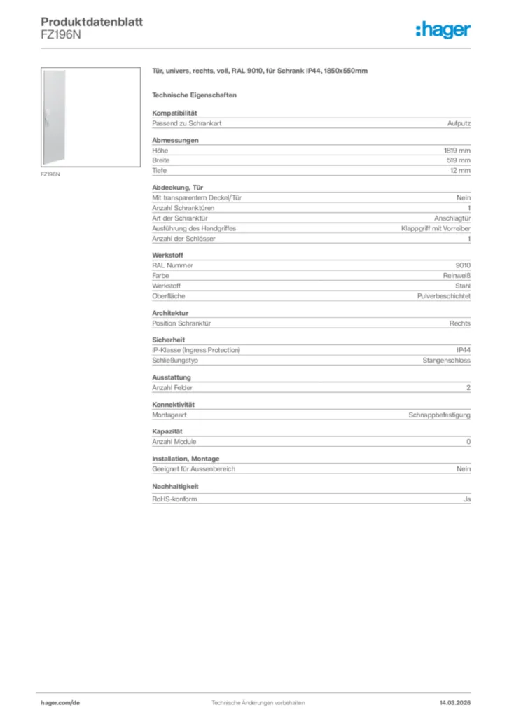 Bild Hager Produktdatenblatt FZ196N | Hager Deutschland