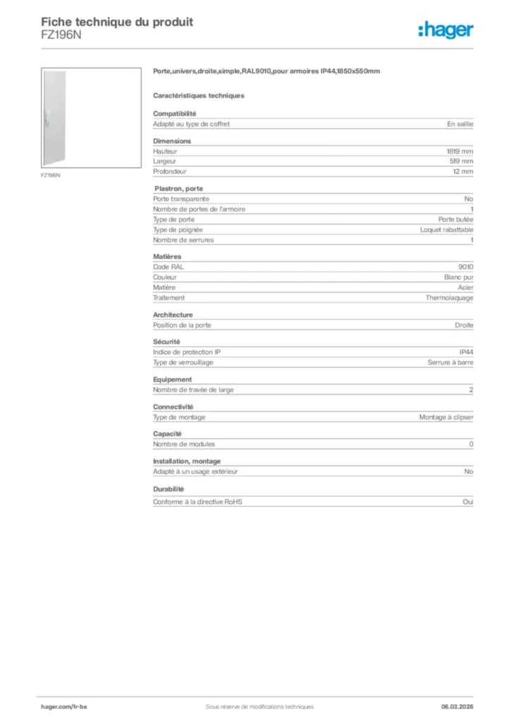 Image Hager Fiche technique du produit FZ196N | Hager Belgique